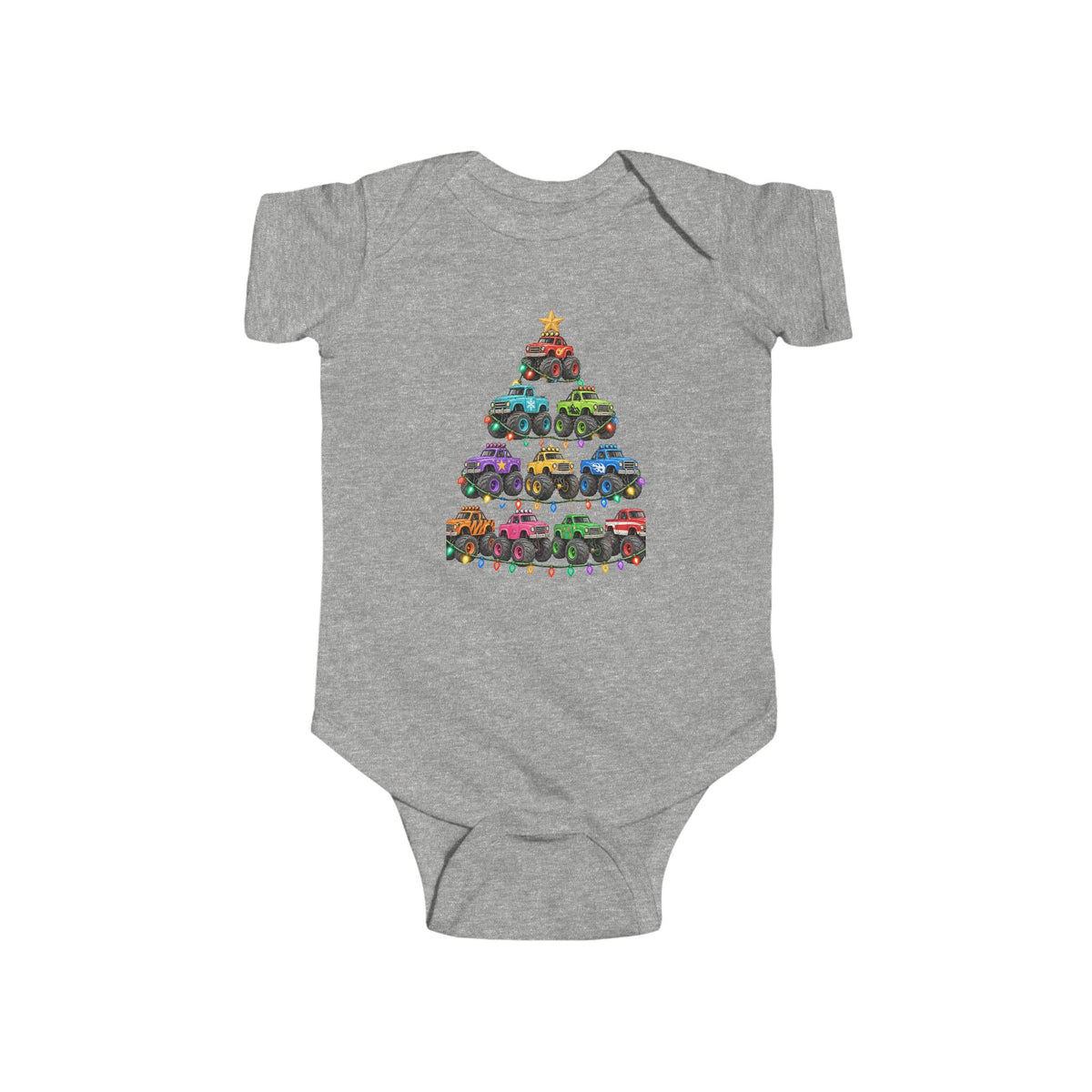 Baby Bodysuit — Colorful Monster Truck Christmas Tree Holiday Onesie