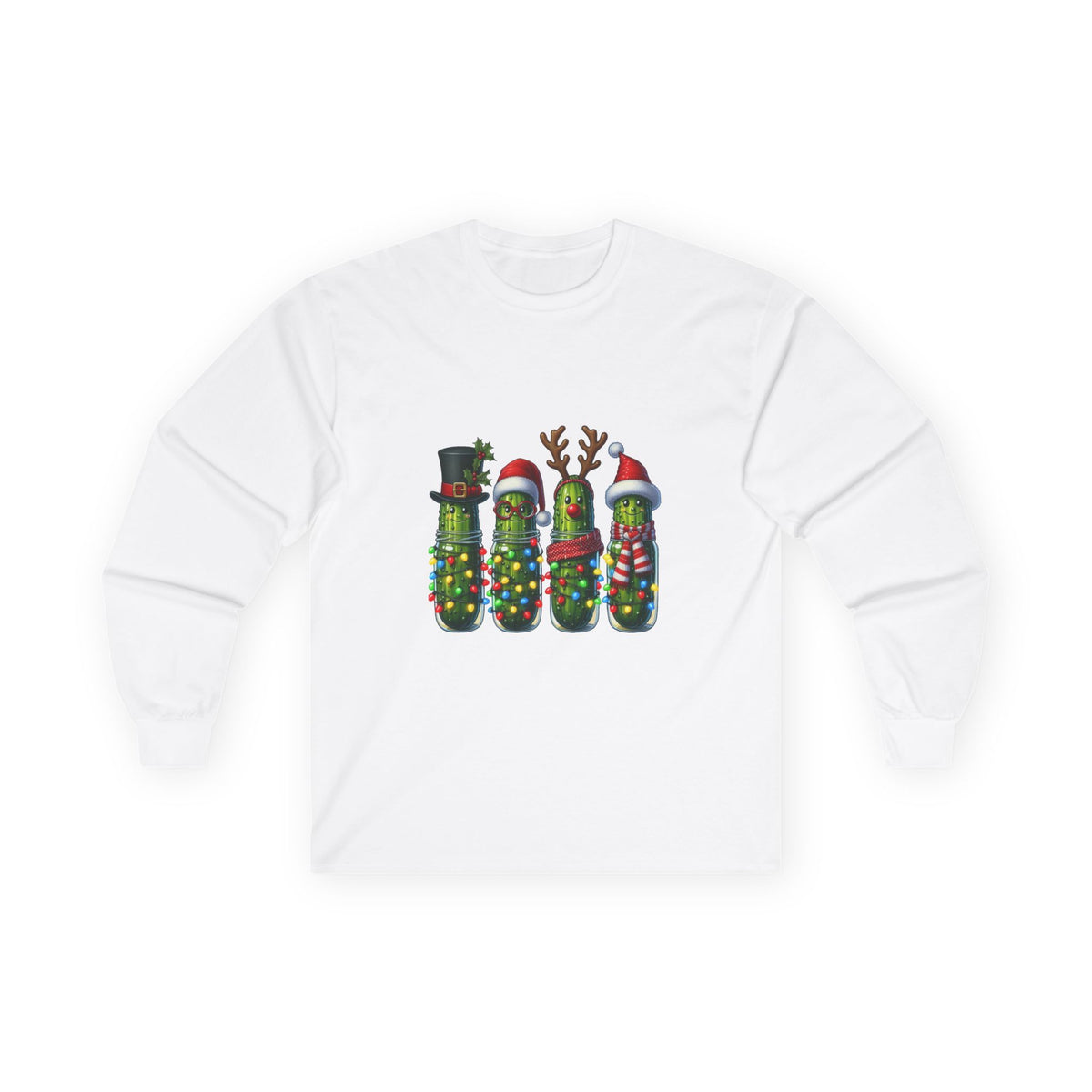 Long Sleeve Tee - Christmas Pickle Family with Santa Hat & Reindeer Holiday Design