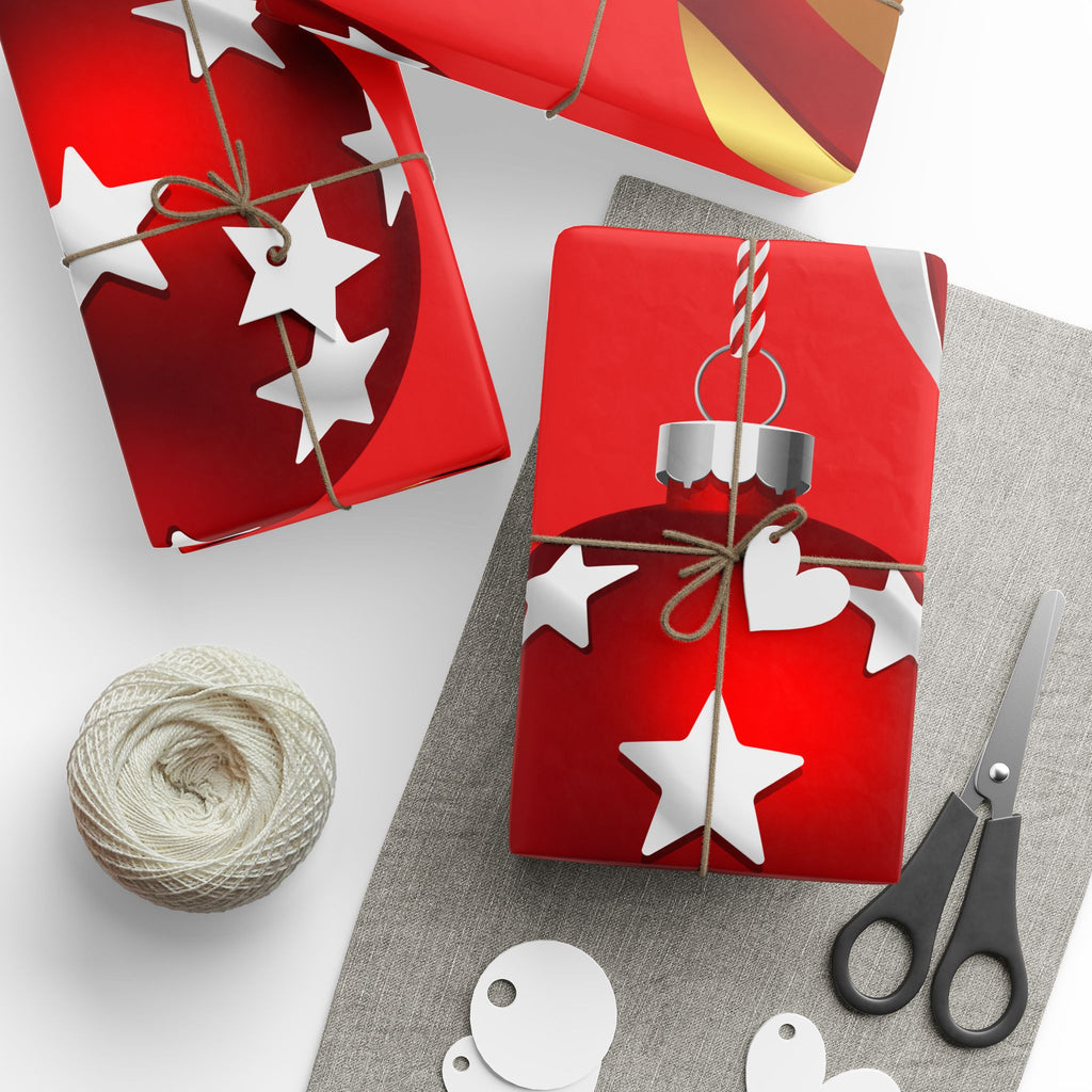 Christmas Ornament Wrapping Paper – Red Holiday Gift Wrap with Hanging Baubles