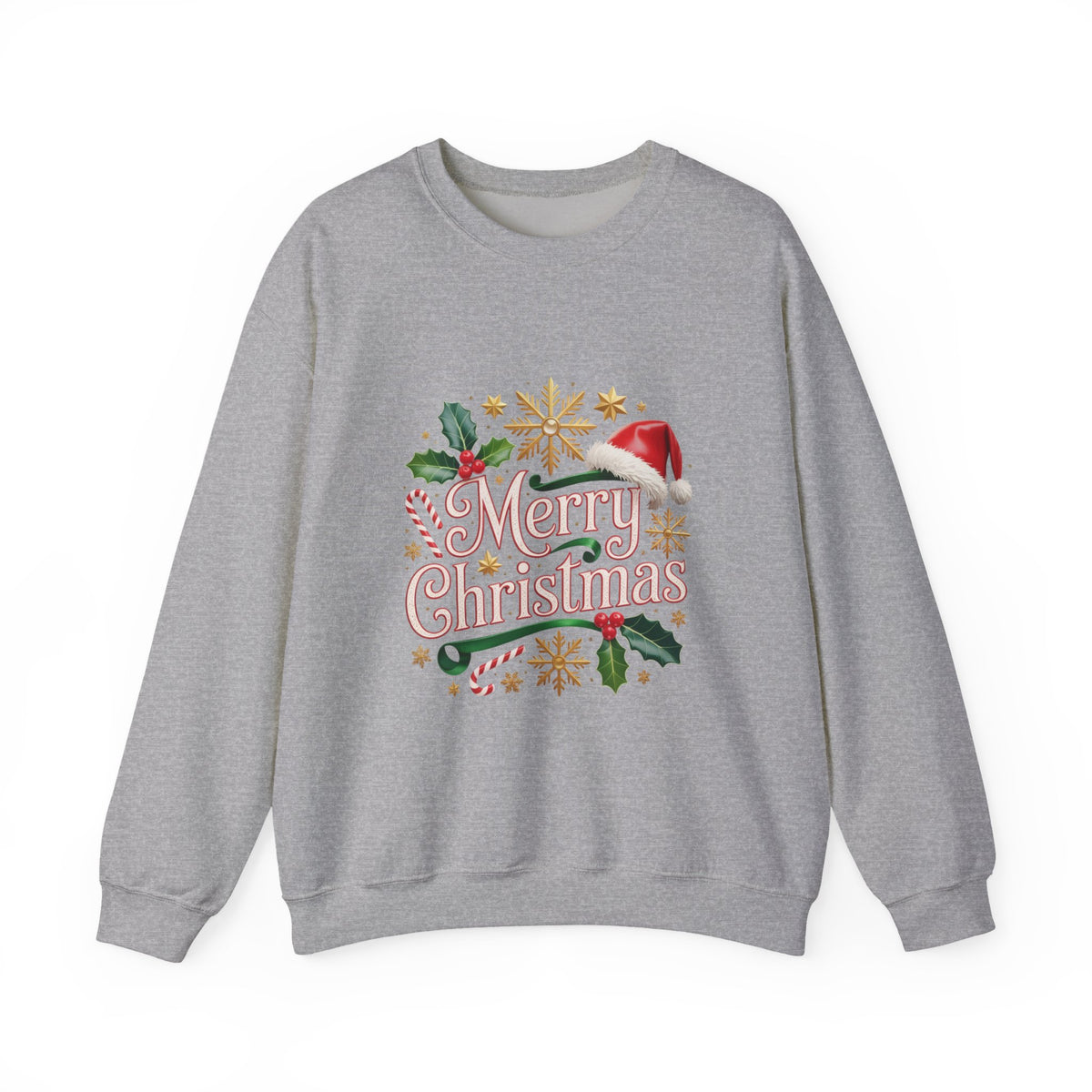 Merry Christmas Sweatshirt - Festive Holiday Crewneck with Santa Hat & Holly