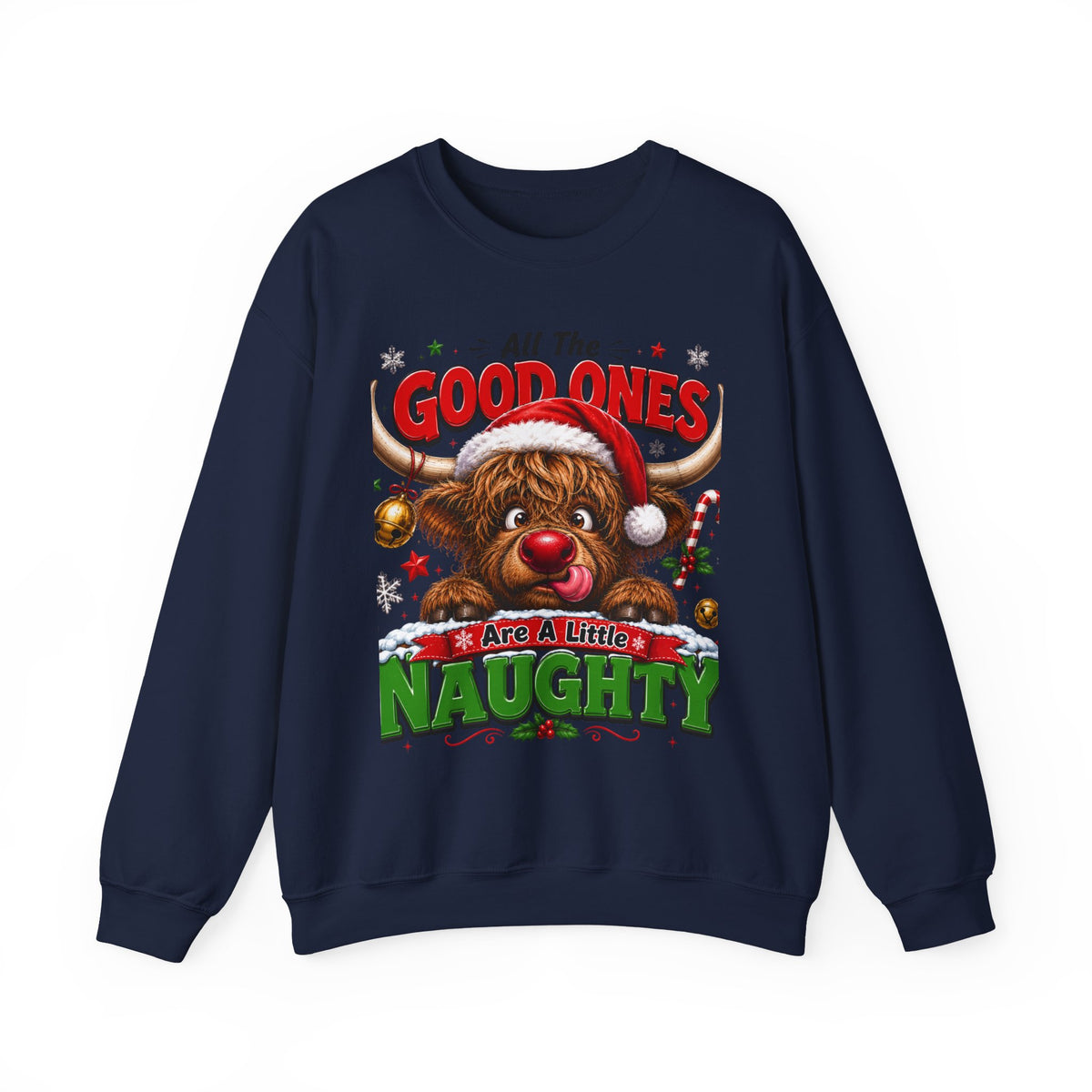 Naughty Highland Cow Christmas Sweatshirt – "All the Good Ones Are a Little Naughty"