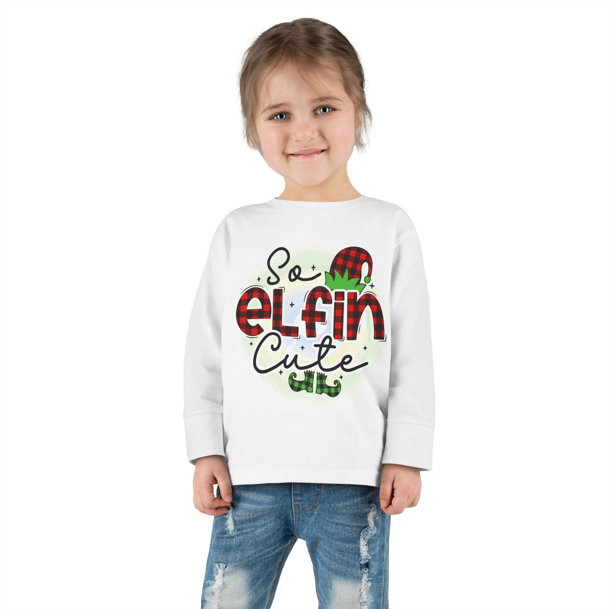 So Elfin Cute Toddler Long Sleeve Tee - Plaid Elf Hat Christmas Shirt