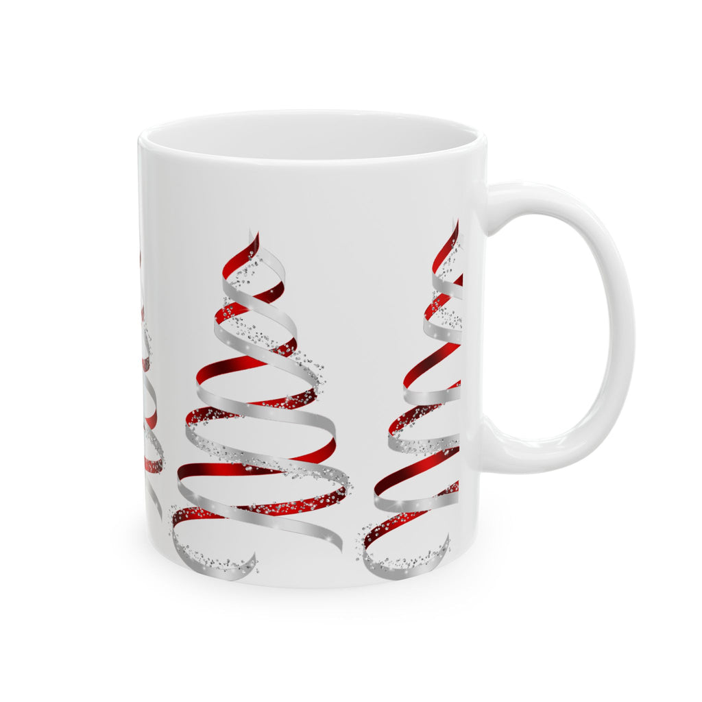 Christmas Ribbon Tree Mug — Festive Red Spiral Holiday Ceramic Coffee Cup (11oz/15oz)